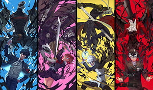 Persona 3, 4, and 5 Protagonists in Dynamic Four-Panel Anime Artwork HD wallpaper