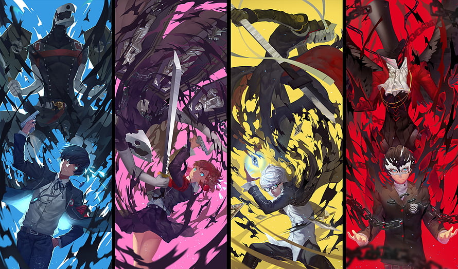 Persona 3, 4, and 5 Protagonists in Dynamic Four-Panel Anime Artwork HD wallpaper