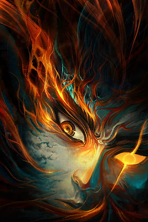 A Fog Hill Of Five Elements: Mystical Face With Fiery Hair And Glowing Eye HD phone wallpaper