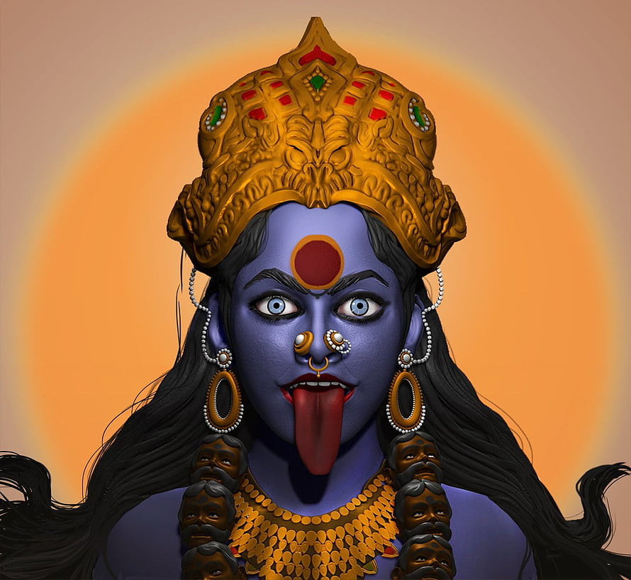 Angry Maa Kali Digital Art Portrait with Golden Crown and Skull Garland HD wallpaper