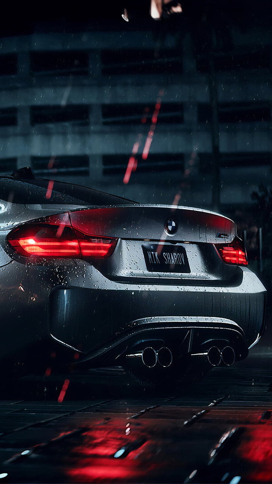 Rear View of a BMW M4 in the Rain with Glowing Red Taillights and Wet Asphalt Reflections HD phone wallpaper