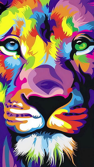 Vibrant Psychedelic Lion Face Digital Art with Neon Colors and Trippy Patterns HD phone wallpaper