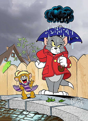 Tom and Jerry Cartoon Illustration: Rainy Day Scene with Umbrella and Red Jacket HD phone wallpaper