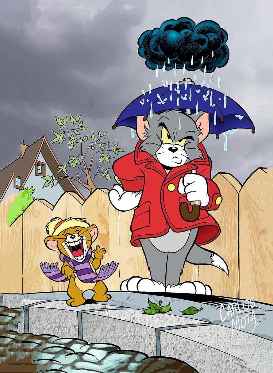 Tom and Jerry Cartoon Illustration: Rainy Day Scene with Umbrella and Red Jacket HD phone wallpaper