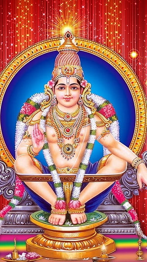 Ayyappan deity illustration in ornate golden crown and jewelry seated on a lotus throne with vibrant red and blue background HD phone wallpaper