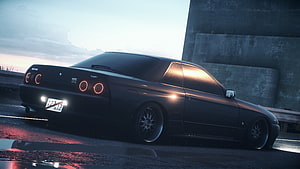 Black Nissan Skyline R34 GT-V Coupe at Dusk with Neon Taillights and Custom Rims HD wallpaper