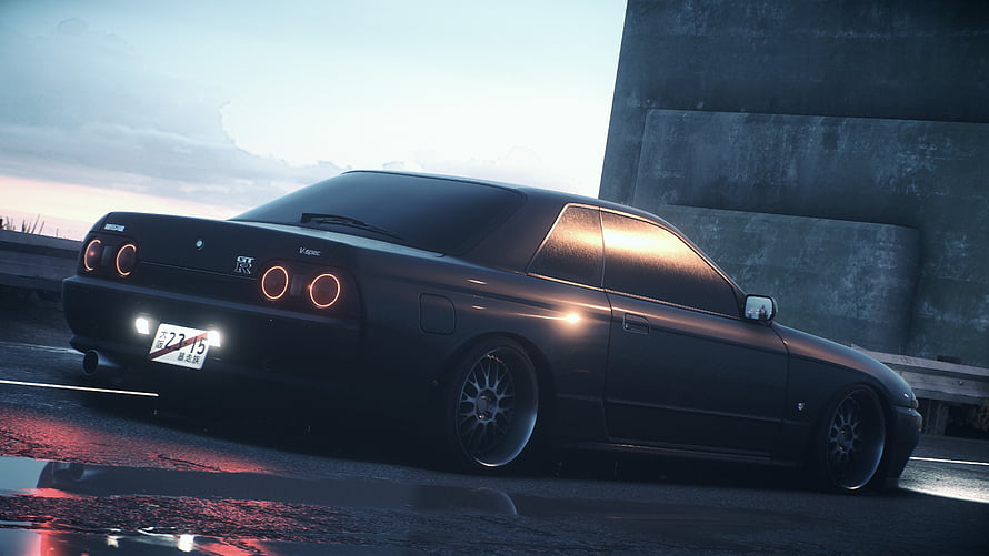 Black Nissan Skyline R34 GT-V Coupe at Dusk with Neon Taillights and Custom Rims HD wallpaper