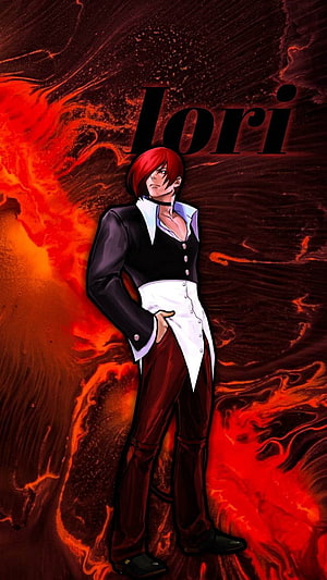 Iori Yagami Anime Character Portrait With Fiery Red Background HD phone wallpaper