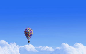 Up Movie Scene: House Floating on Colorful Balloons Above Clouds in Blue Sky HD wallpaper