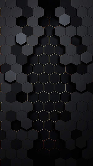 Dark 3D Hexagon Pattern with Gold Accents and Floating Geometric Tiles HD phone wallpaper