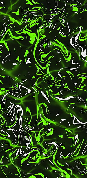 Abstract Neon Green and White Liquid Swirls on Black Background HD phone wallpaper