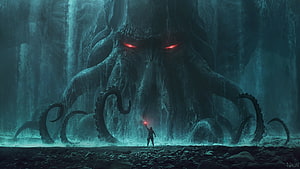 Colossal Kraken with Glowing Red Eyes Confronting a Lone Warrior in a Dark Cavern HD wallpaper