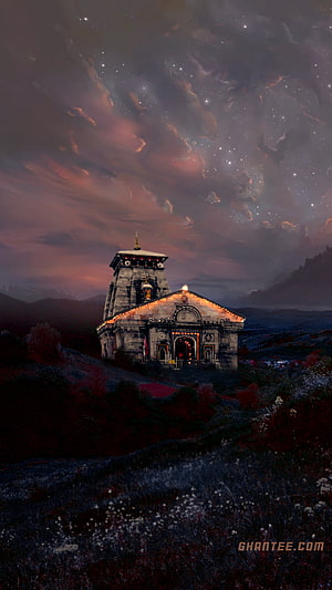 Kedarnath Temple at Night Under a Starry Sky with Warm Illumination HD phone wallpaper