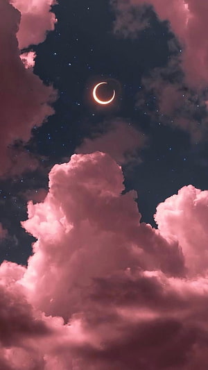 Crescent Moon Glowing Above Pink Clouds in a Starry Night Sky HD phone wallpaper