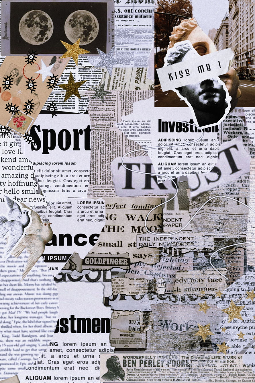 Vintage Newspaper Collage with Celestial Elements and Retro Typography HD phone wallpaper