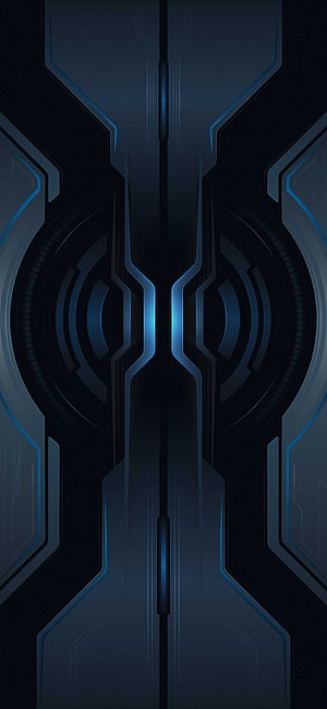 Dark Futuristic Sci-Fi Interface with Glowing Blue Neon Accents and Symmetrical Circuit Design HD phone wallpaper