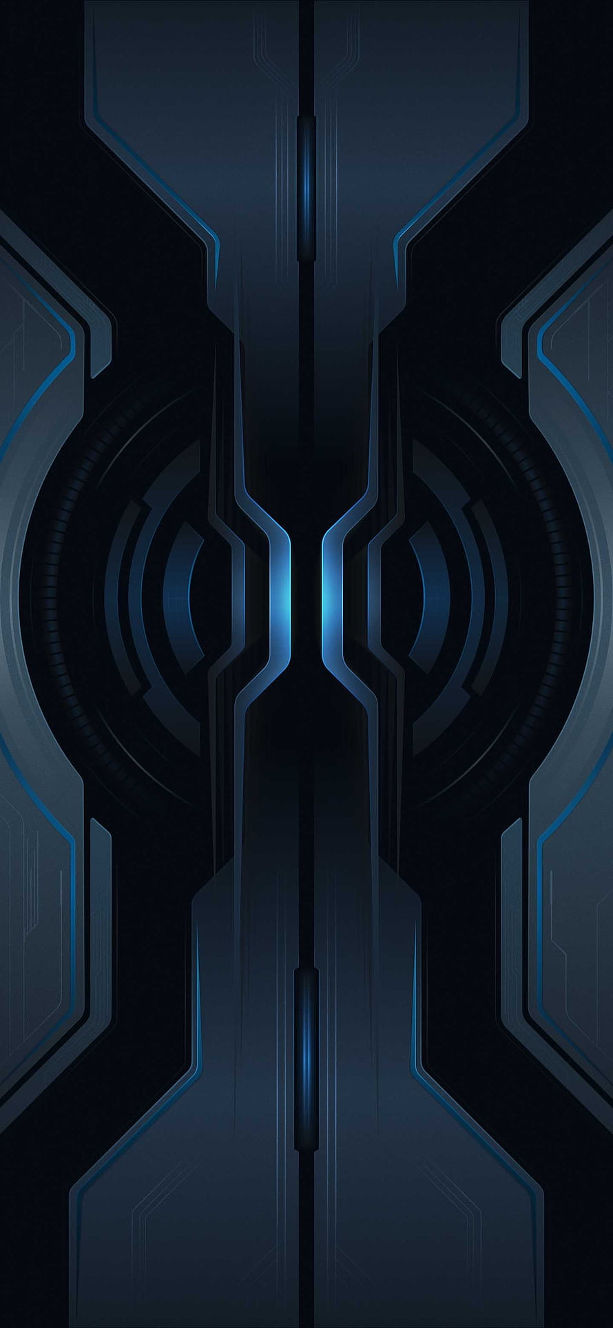 Dark Futuristic Sci-Fi Interface with Glowing Blue Neon Accents and Symmetrical Circuit Design HD phone wallpaper