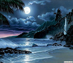 Tropical Moonlit Beach with Waterfall and Palm Trees at Night HD wallpaper