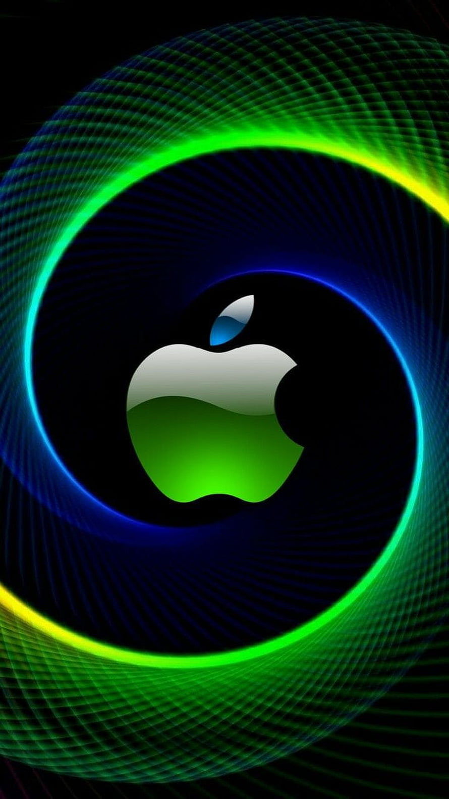 Apple Logo Glowing Green and Blue Neon Rings on Black Background HD phone wallpaper