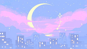 Dreamy Pastel Cityscape with Crescent Moon and Starry Night Sky HD wallpaper