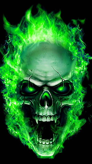 Eerie Green Flame Skull with Glowing Eyes on Black Background HD phone wallpaper