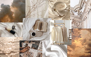 Beige Aesthetic Mood Board Featuring Silk, Coffee, Books, and Golden Clouds HD wallpaper