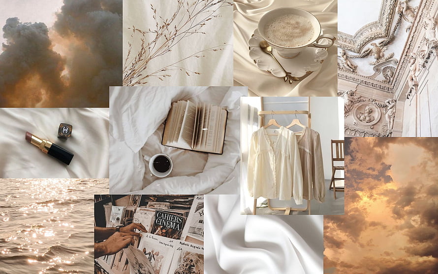 Beige Aesthetic Mood Board Featuring Silk, Coffee, Books, and Golden Clouds HD wallpaper