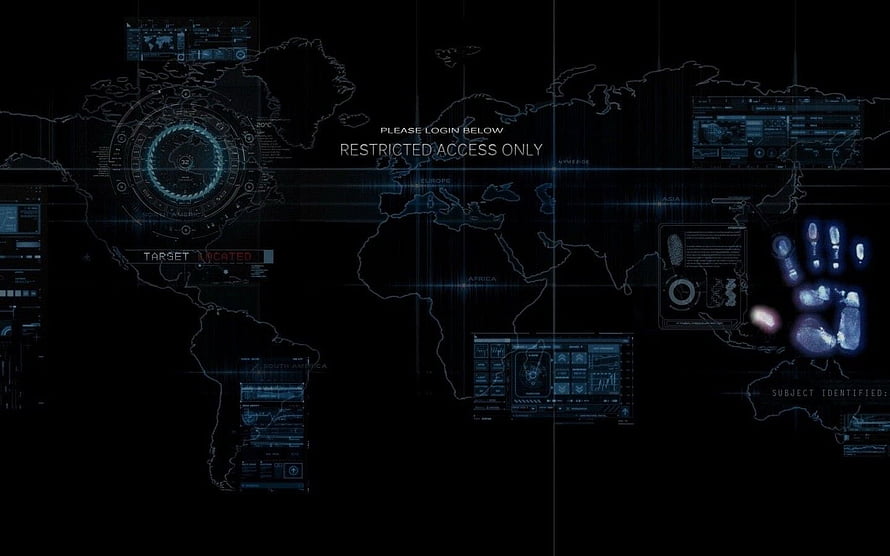 Dark Holographic World Map with Cybersecurity Interface and Biometric Data HD wallpaper