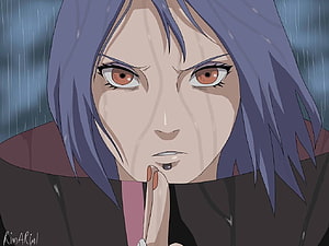 Konan from Naruto Shippuden in Akatsuki cloak with intense expression in the rain HD wallpaper
