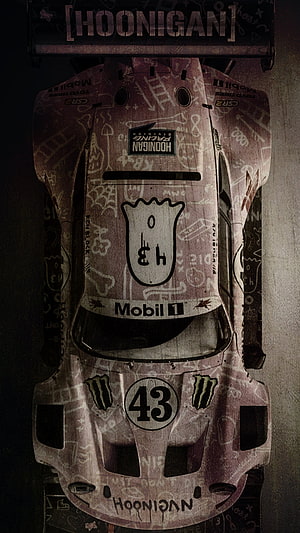 Hoonigan Racing Division 43 Top-Down Race Car Artwork with Graffiti and Sponsor Logos HD phone wallpaper