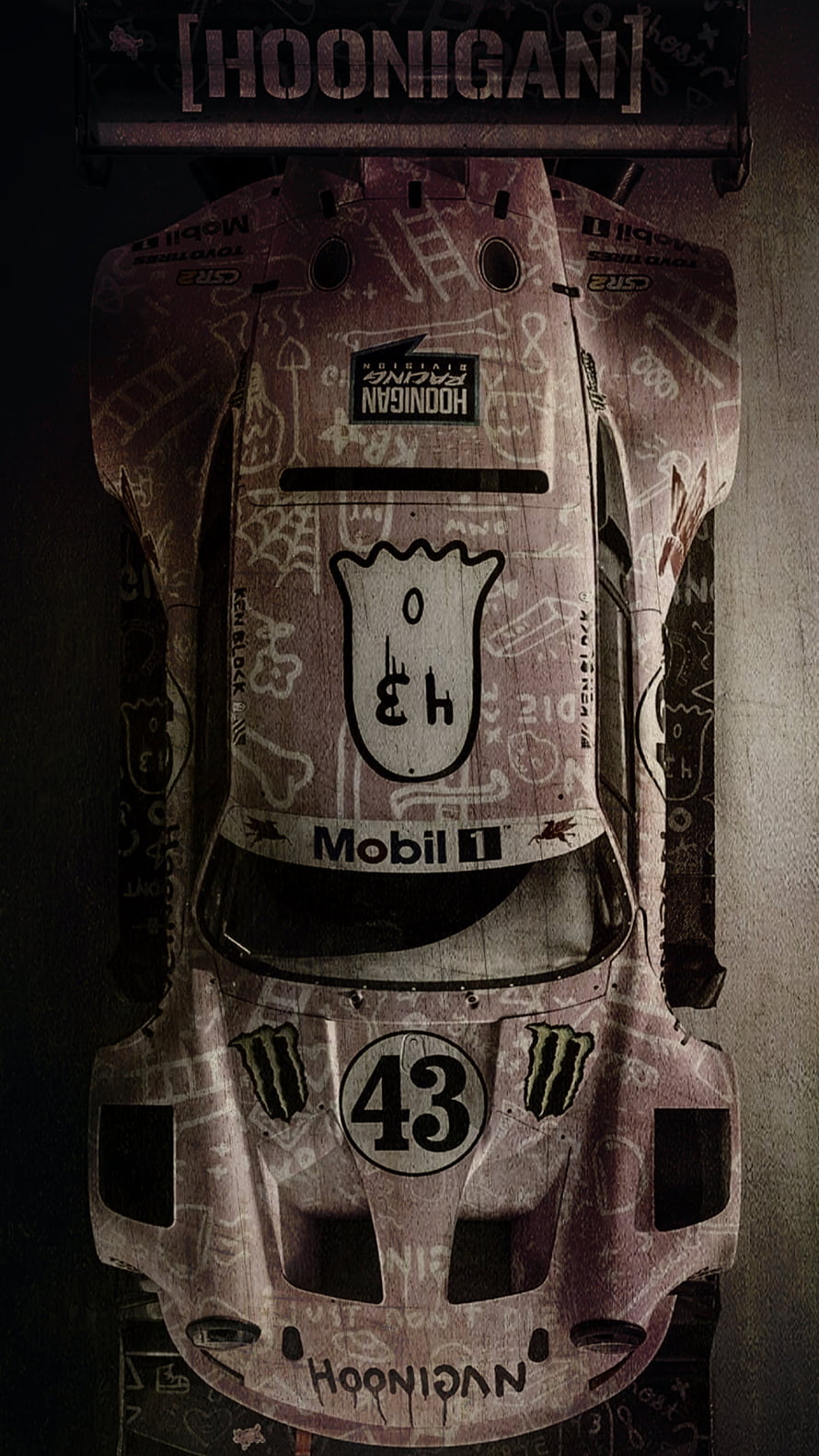 Hoonigan Racing Division 43 Top-Down Race Car Artwork with Graffiti and Sponsor Logos HD phone wallpaper