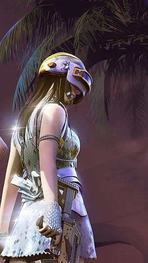 PUBG Girl in Silver Scale Dress and Tactical Helmet Under Palm Trees HD phone wallpaper