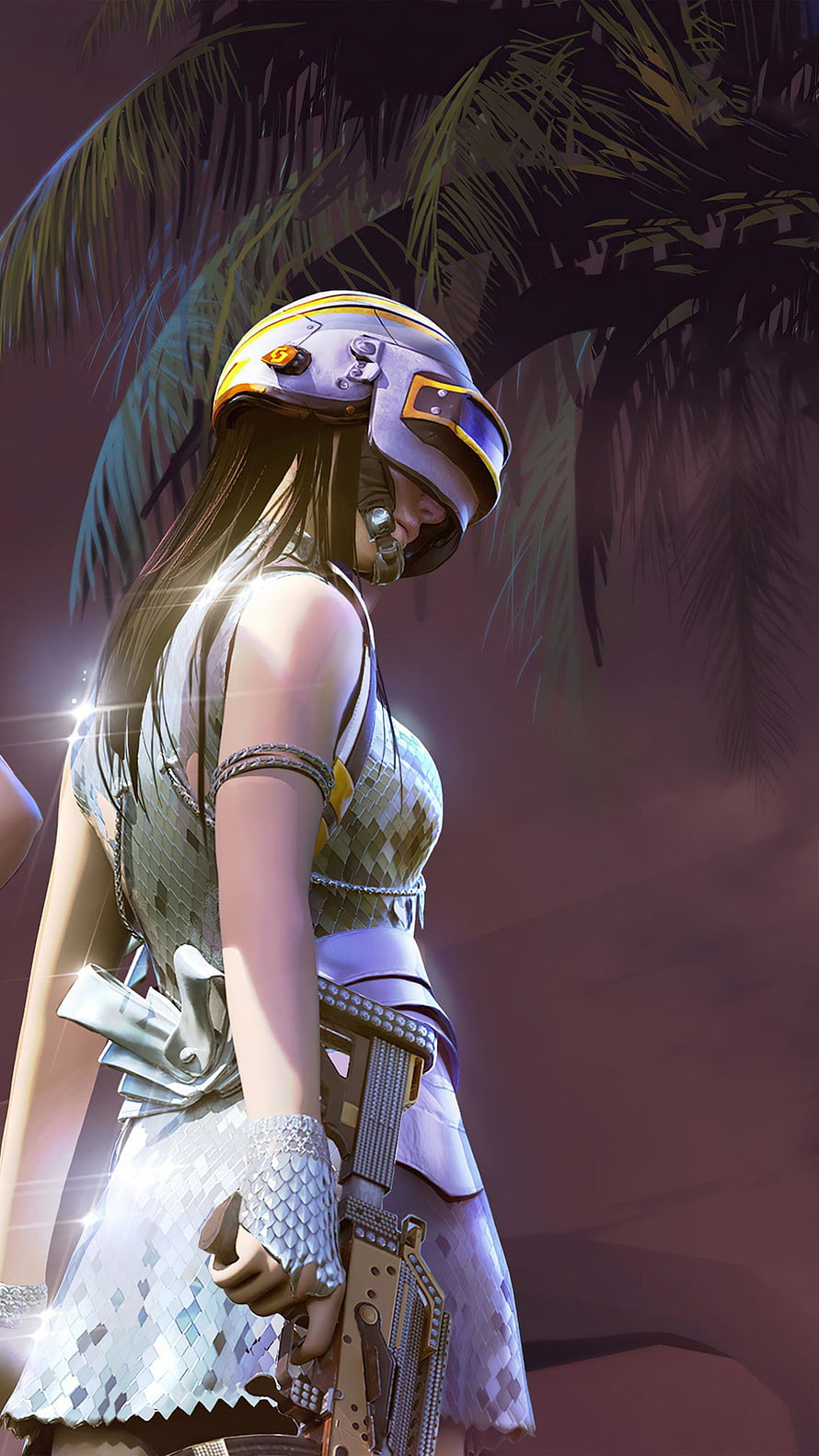 PUBG Girl in Silver Scale Dress and Tactical Helmet Under Palm Trees HD phone wallpaper