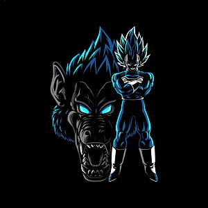Dark Blue Vegeta and Oozaru Wolf Silhouette on Black Background HD phone wallpaper