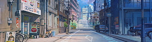 Anime Japanese City Street with Convenience Store and Railway Crossing HD wallpaper