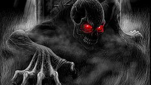 Menacing skeletal demon with glowing red eyes and clawed hand in dark horror illustration HD wallpaper
