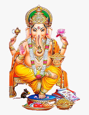 Lord Ganesha Seated on Throne with Mouse, Lotus, and Offerings in Traditional Indian Art Style HD phone wallpaper