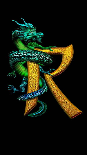 Emerald Dragon Coiled Around Golden Letter R on Black Background HD phone wallpaper