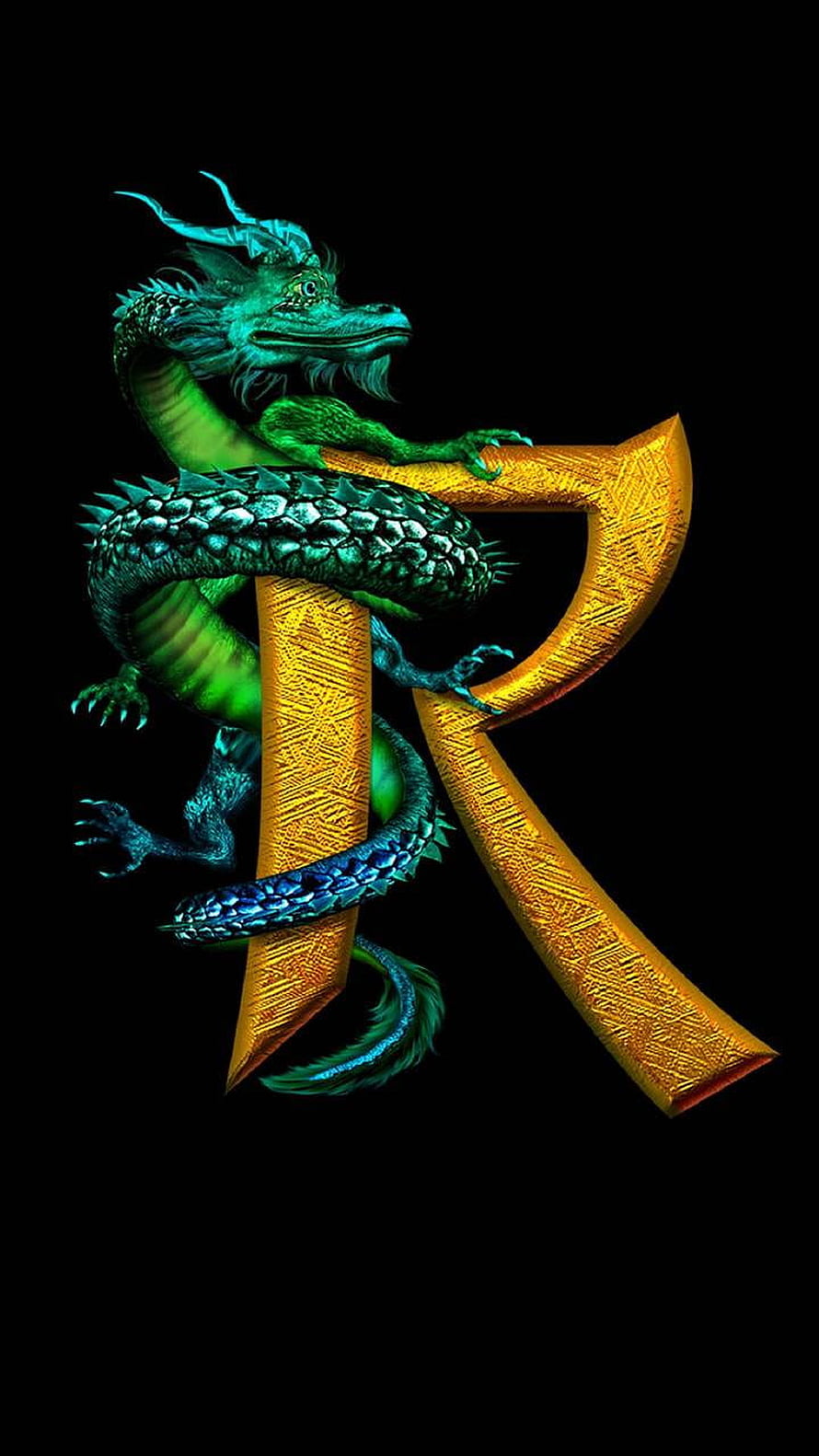 Emerald Dragon Coiled Around Golden Letter R on Black Background HD phone wallpaper