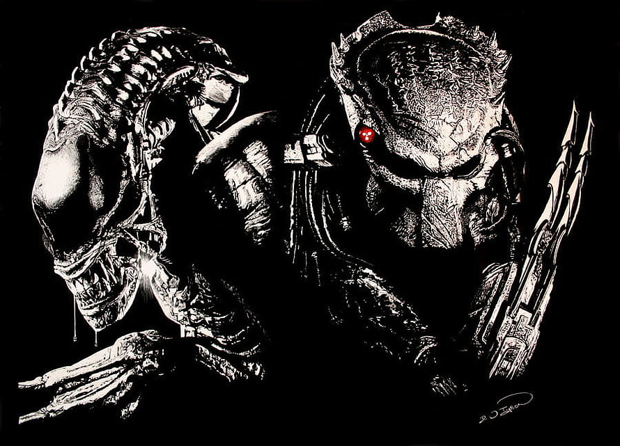 Alien and Predator Face-Off in High-Contrast Black and White Illustration HD wallpaper
