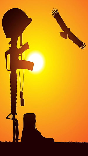 Indian Army Soldier Silhouette with Rifle and Eagle at Sunset HD phone wallpaper