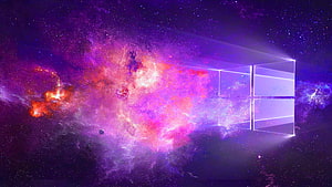 Windows 10 Logo Against Vibrant Purple and Pink Cosmic Nebula Space Background HD wallpaper