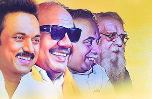M. K. Stalin and DMK Leaders in Vibrant Yellow Portrait HD wallpaper