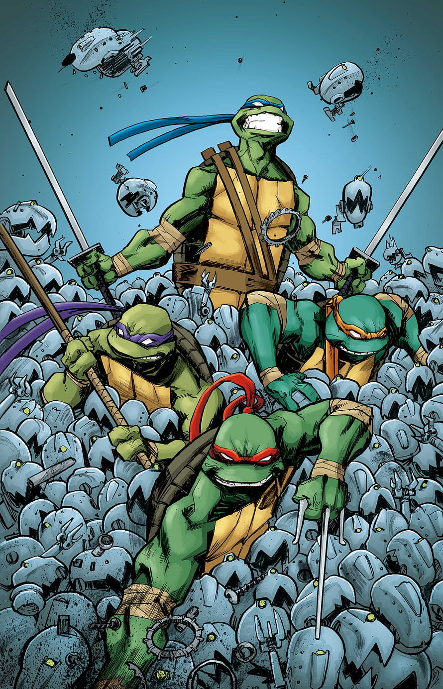 Teenage Mutant Ninja Turtles Comic Art Battle Scene with Robots HD phone wallpaper