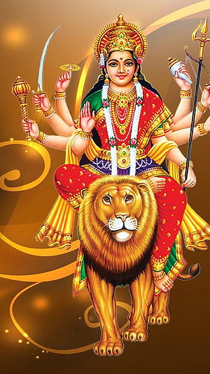 Katyayani Durga Maa Riding Lion Devotional Illustration HD phone wallpaper