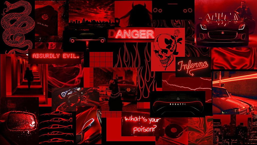 Dark Red and Black Grunge Aesthetic Collage with Neon Text and Luxury Cars HD wallpaper