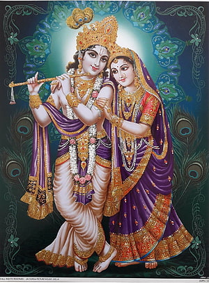 Radha Krishna Playing Flute in Traditional Indian Art Style HD phone wallpaper