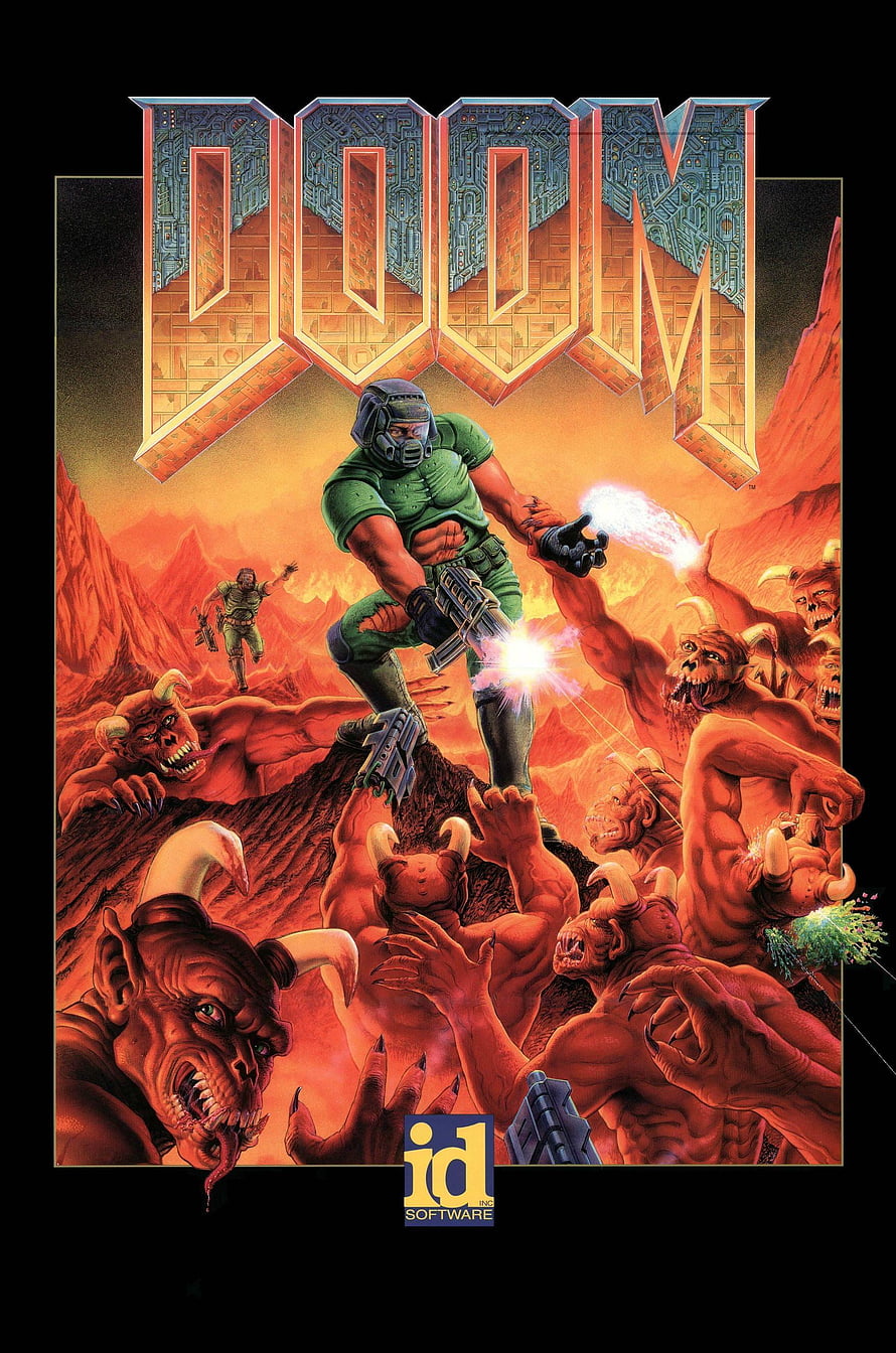 Doom Video Game Cover Art Featuring Doom Slayer Battling Demons in Hellish Landscape HD phone wallpaper