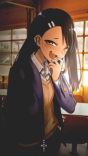 Yukina Nakano Anime Girl in School Uniform with Hair Clips and Warm Classroom Lighting HD phone wallpaper