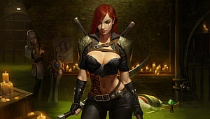 Katarina from League of Legends in a dark dungeon with crossed swords and candles HD wallpaper